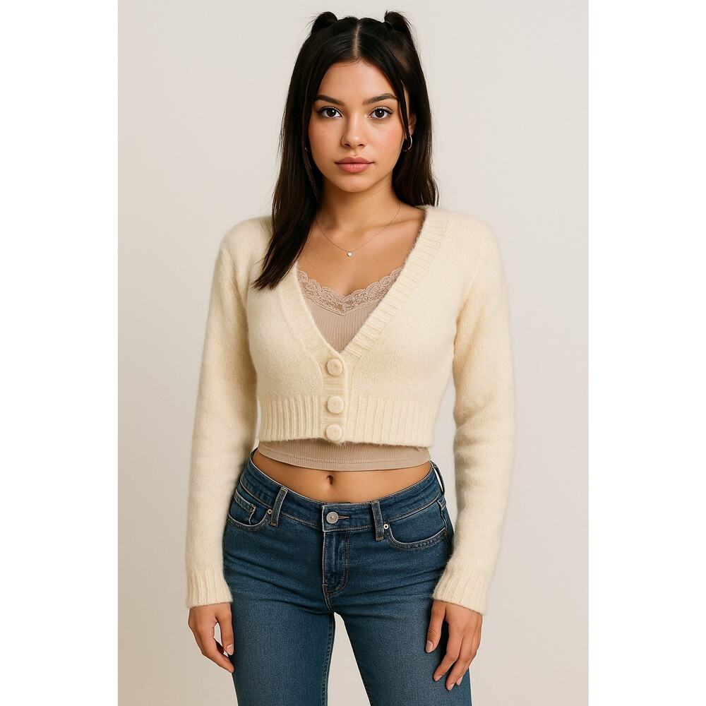 VTG 90s Y2K Forever 21 Cream Fuzzy Knit Cropped Coquette Fairy Grunge Cardigan S